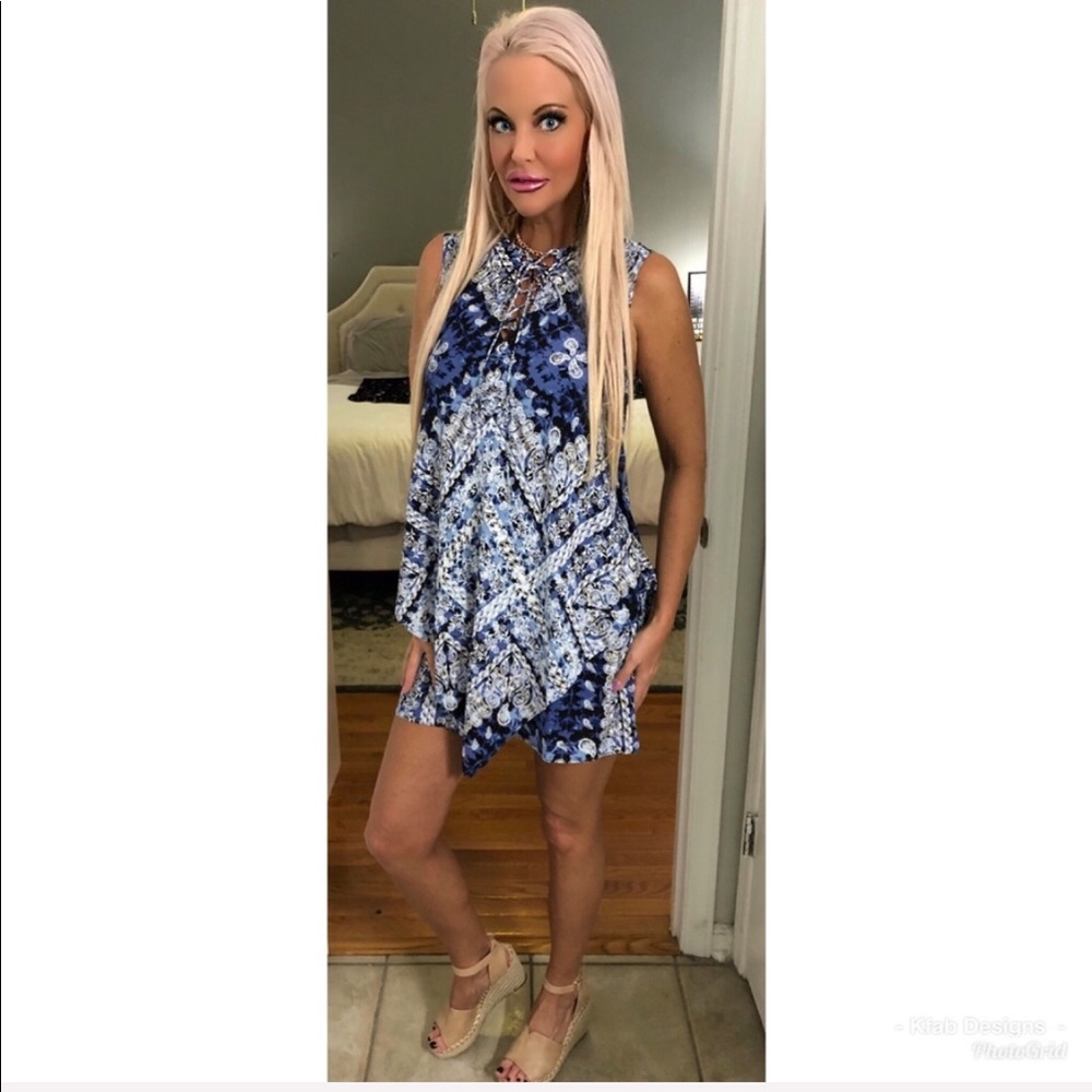 ❤️LAST! Indigo Front Lace Up Print Tunic Dress - Picture 4 of 4